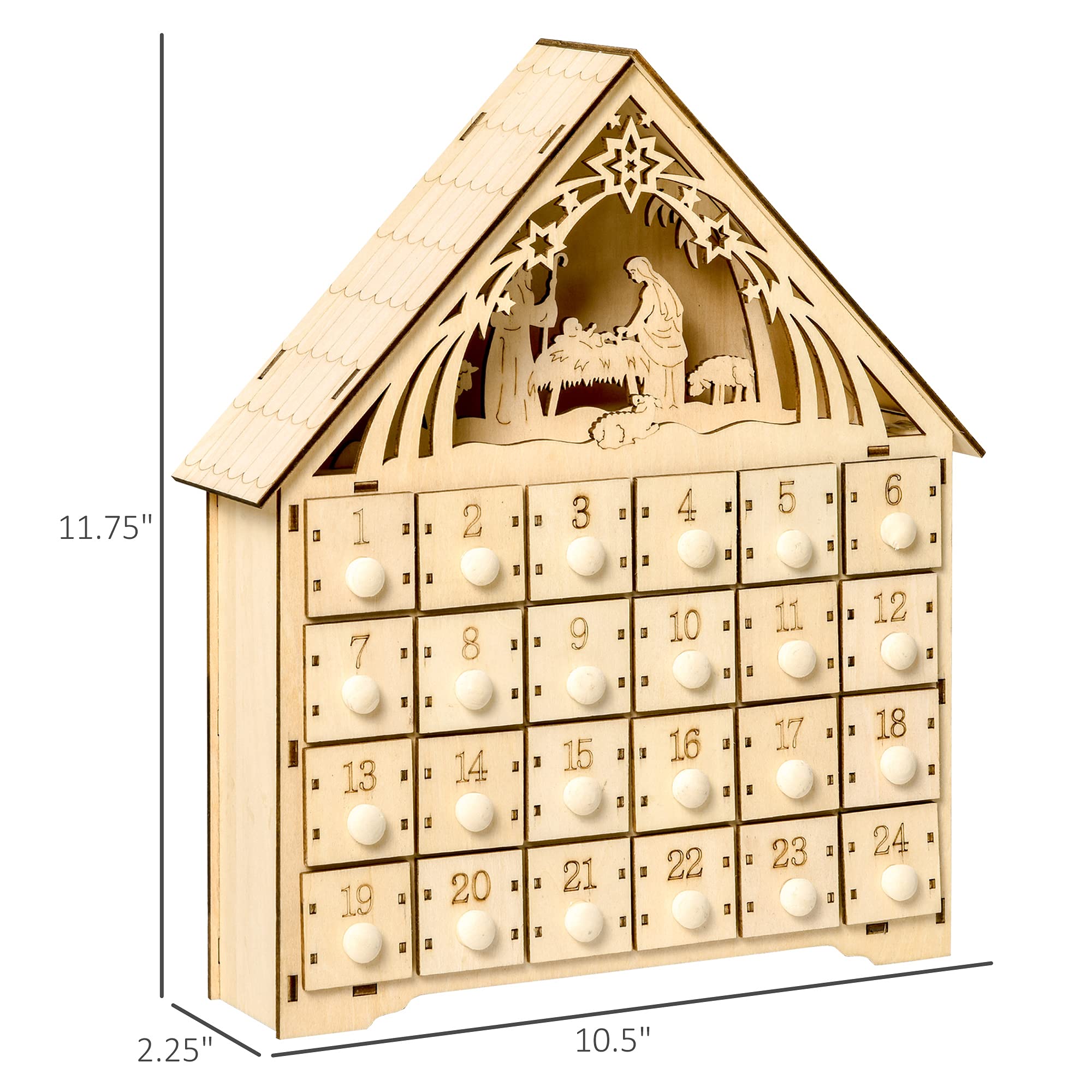 HOMCOM Christmas Advent Calendar, Light Up Manger Scene Tabletop Xmas Wooden House Holiday Decoration with Countdown Drawer, Bib